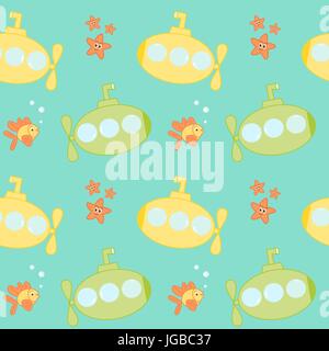 cute cartoon submarines under the sea seamless vector pattern background illustration Stock Vector