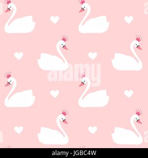 cute lovely princess swan on pink background seamless vector pattern illustration Stock Vector