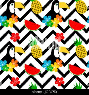 colorful tropical seamless vector pattern background illustration with toucan, flowers, watermelon and pineapple Stock Vector