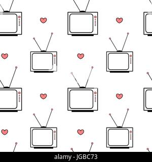 black white pink vintage retro cartoon television seamless vector pattern background illustration with hearts Stock Vector