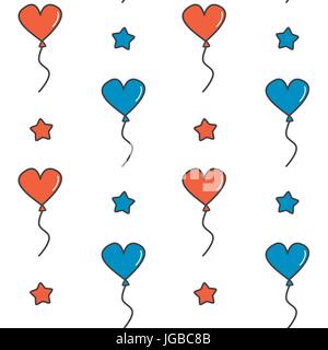 cute cartoon independence day seamless vector pattern background illustration with blue and red heart balloons and stars Stock Vector