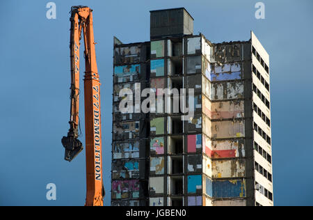 Demolition of tower block in Larne, County Antrim, Northern Ireland. Stock Photo