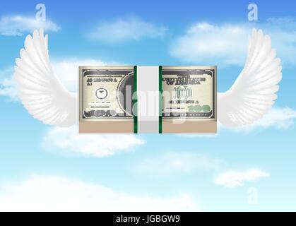 100 usd banknote with bird wing flying in sky Stock Vector