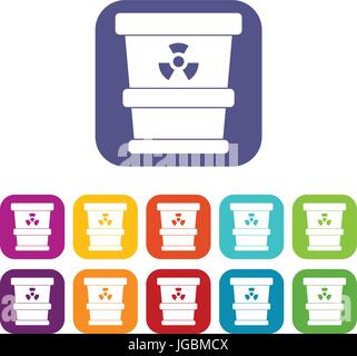 Trashcan containing radioactive waste icons set Stock Vector