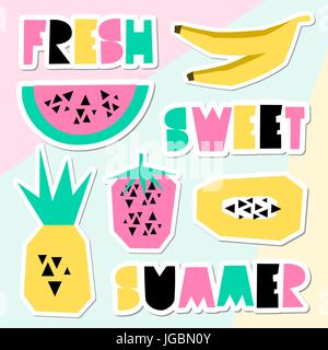 A set of retro style geometric summer stickers. Decorative letters and fruits in green, pink and yellow on pastel colored geometric background. Perfec Stock Vector