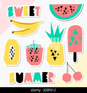 A set of retro style geometric summer stickers. Decorative letters and fruits in green, pink and yellow on pastel colored geometric background. Perfec Stock Vector