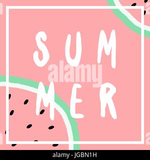 Abstract illustration with two watermelon slices in pink and green on pink background and text in white. Summertime greeting card, wall art, t-shirt,  Stock Vector