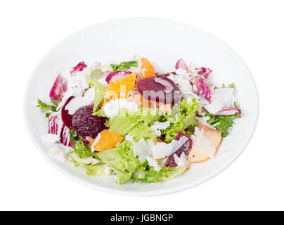 Beet salad with oranges and goat cheese. Isolated on a white background. Stock Photo