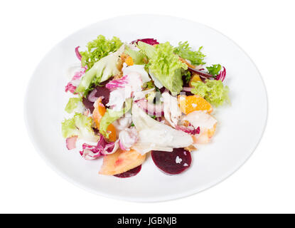 Beet salad with oranges and goat cheese. Isolated on a white background. Stock Photo