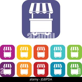 Food trolley with awning icons set flat Stock Vector