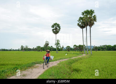 An Giang, Vietnam - Aug 7, 2016. A woman biking on rural road in An Giang, Vietnam. The Mekong Delta is also Vietnam's most important economy region. Stock Photo