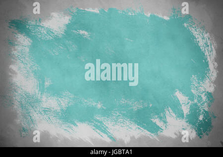 Abstract painting on canvas background with splashy random paintbrush strokes in turquoise with a layer of white below and grey border beneath that.   Stock Photo