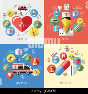 Digital vector blue red pharmacy medical icons set with drawn simple line art info graphic, ambulance tooth pills nurse heart tubes syringe medicine d Stock Vector