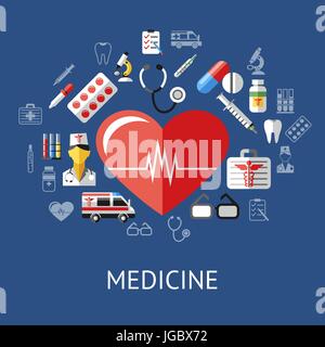 Digital vector blue red big heart pharmacy medical icons set with drawn simple line art info graphic, ambulance tooth pills nurse tubes medicine dropp Stock Vector