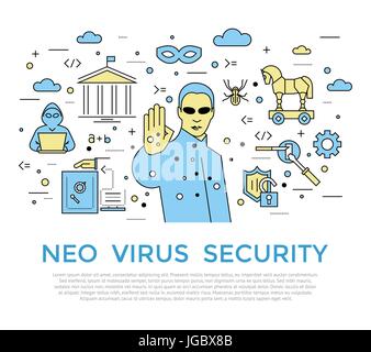Digital vector color internet security data protection icons set drawn simple line art info graphic poster, hacker user bug vulnerability mobile email Stock Vector
