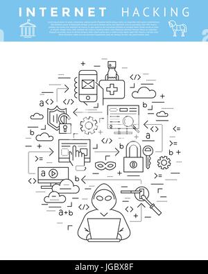 Digital vector blue internet security data protection icons set drawn simple line art info graphic poster, hacker user bug vulnerability mobile email  Stock Vector