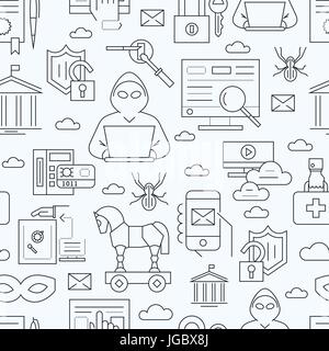 Digital vector blue internet security data protection icons set drawn simple line art info graphic seamless pattern, hacker user bug vulnerability mob Stock Vector