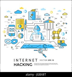 Digital vector blue internet security data protection icons set drawn simple line art info graphic poster, hacker user bug vulnerability mobile email  Stock Vector
