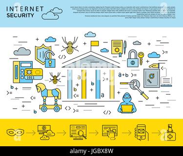Digital vector blue internet security data protection icons set drawn simple line art info graphic poster, hacker user bug vulnerability mobile email  Stock Vector