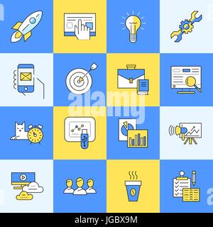 Digital vector yellow and blue startup business icons with drawn simple line art info graphic, presentation with project and team elements around prom Stock Vector