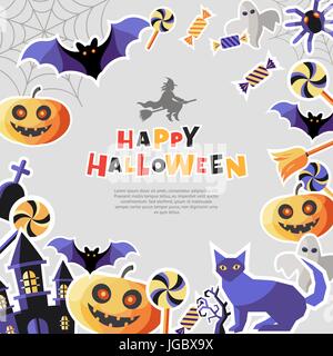 Digital vector silver purple happy halloween icons with drawn simple line art info graphic, presentation with bats, cat and pumpkin elements around pr Stock Vector