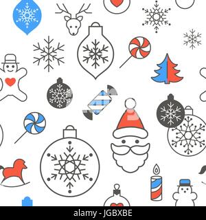 Digital vector red blue happy new year merry christmas icons with drawn simple line art info graphic, seamless pattern, presentation with toys and gif Stock Vector