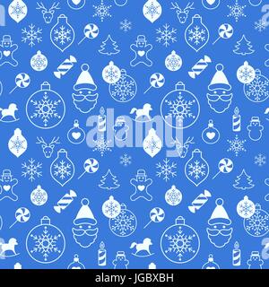 Digital vector white blue happy new year merry christmas icons with drawn simple line art info graphic, seamless pattern, presentation with toys and g Stock Vector