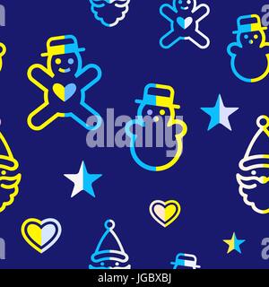 Digital vector yellow blue happy new year merry christmas icons with drawn simple line art info graphic, seamless pattern, presentation with toys and  Stock Vector