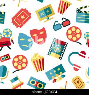 Digital vector red white cinema icons with drawn simple line art info graphic, seamless pattern, presentation with screen, movie and old camera elemen Stock Vector
