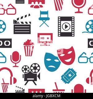 Digital vector red white cinema icons with drawn simple line art info graphic, seamless pattern, presentation with screen, movie and old camera elemen Stock Vector