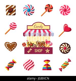 Digital vector red brown sweet candies icons with drawn simple line art info graphic, presentation with shop, sweety, chocolate and cookies elements a Stock Vector