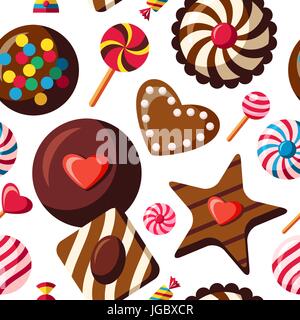 Digital vector red brown sweet candies icons with drawn simple line art info graphic, presentation with sweety, seamless pattern, chocolate and cookie Stock Vector