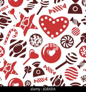 Digital vector red brown sweet candies icons with drawn simple line art info graphic, presentation with sweety, seamless pattern, chocolate and cookie Stock Vector