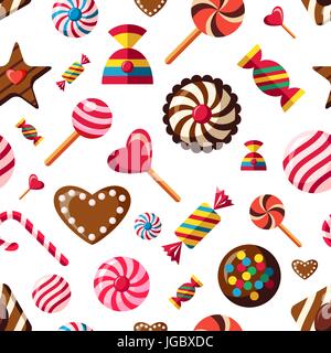 Digital vector red brown sweet candies icons with drawn simple line art info graphic, presentation with sweety, seamless pattern, chocolate and cookie Stock Vector
