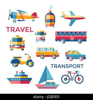 Digital vector blue red yellow travel transport icons set with drawn simple line art info graphic, presentation with car, tram and taxi elements aroun Stock Vector