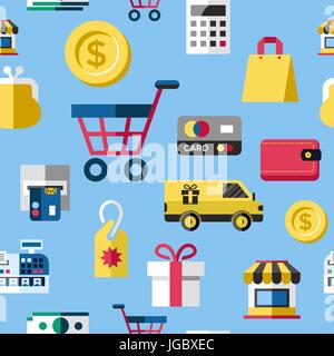 Digital vector blue yellow shopping sale icons with drawn simple line art info graphic, seamless pattern, presentation with money, commerce and econom Stock Vector