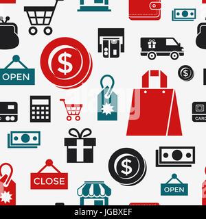 Digital vector white black shopping sale icons with drawn simple line art info graphic, seamless pattern, presentation with money, commerce and econom Stock Vector