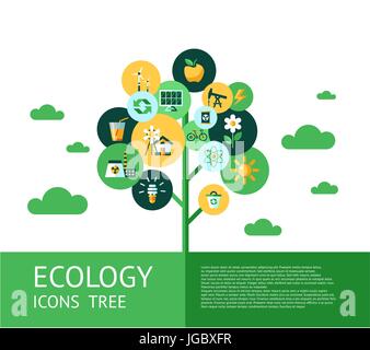 Digital vector green ecology icons tree with drawn simple line art info graphic, presentation with recycle, flowers and alternative energy elements ar Stock Vector