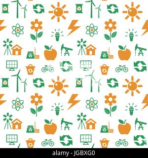 Digital vector orange green ecology icons with drawn simple line art info graphic, seamless pattern, presentation with recycle, production and alterna Stock Vector