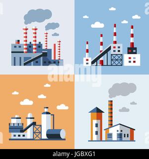 Digital vector blue factory pollution icons with drawn simple line art info graphic, presentation with plant, smoke, environment and energy elements a Stock Vector