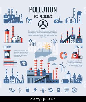Digital vector blue factory pollution icons with drawn simple line art info graphic, presentation with nuclear plant, smoke, environment and energy el Stock Vector