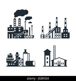 Digital vector black factory pollution icons with drawn simple line art info graphic, presentation with plant, smoke, environment and energy elements  Stock Vector