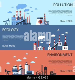 Digital vector blue factory pollution icons with drawn simple line art info graphic, presentation with nuclear plant, smoke, environment and energy el Stock Vector