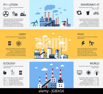 Digital vector yellow blue factory pollution icons with drawn simple line art info graphic, presentation with nuclear plant, smoke, environment and en Stock Vector