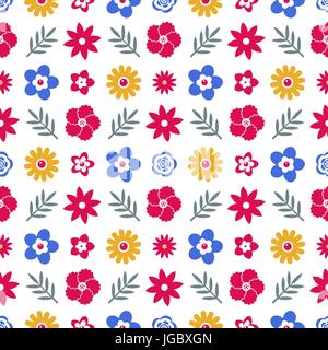 Digital vector blue red flowers set icons with drawn simple line art info graphic, seamless pattern, presentation with petals, branch and floral eleme Stock Vector
