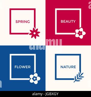 Digital vector blue red flowers set icons with drawn simple line art info graphic, presentation with frames, spring beauty, square and floral elements Stock Vector