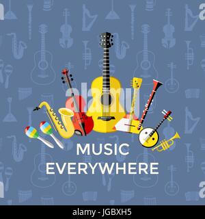 Digital vector blue music everywhere instruments icons with drawn simple line art info graphic, presentation with guitar, piano, drums and sound eleme Stock Vector