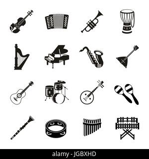 Digital vector black music instruments icons with drawn simple line art info graphic, presentation with guitar, piano, drums and sound elements around Stock Vector