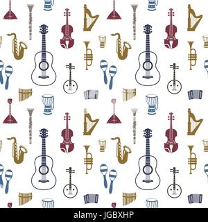 Digital vector blue red music instruments icons with drawn simple line art info graphic, seamless pattern, presentation with guitar, piano, drums and  Stock Vector