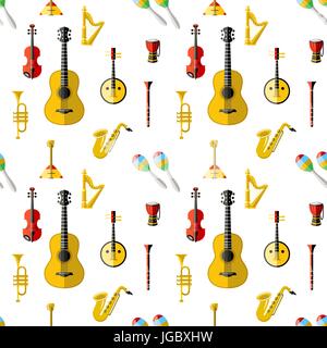 Digital vector blue red music instruments icons with drawn simple line art info graphic, seamless pattern, presentation with guitar, piano, drums and  Stock Vector